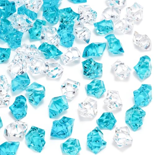 DOMESTAR Mixed Blue and Clear Fake Ice, 150 PCS Acrylic Crystal Vase Filler | Fake Diamonds for Table Centerpieces Wedding Party, Fish Tanks Decor Table Scatter DIY Craft Supplies Food Display - color: Mixed Blue