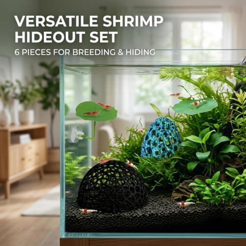 4-Piece Breeding Sanctuary Set with Egg-Shaped and Half-Round Caves, Shrimp Hides for Aquarium,Plastic Aquarium Decorations for Betta Fish and Nano Tanks, Safe Molting Shelters with Leaf Accents