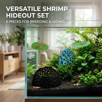 4-Piece Breeding Sanctuary Set with Egg-Shaped and Half-Round Caves, Shrimp Hides for Aquarium,Plastic Aquarium Decorations for Betta Fish and Nano Tanks, Safe Molting Shelters with Leaf Accents