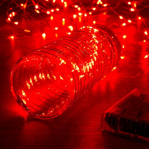 Ariceleo 2 Pack 16.4ft Battery Operated String Lights with Timer, Red with Synchronized Twinkle Mode, Fairy Lights Battery Powered, 50 LEDs, Idea for Christmas Bedroom Party Wedding - color: Red, size: 2 Pack-Upgrade