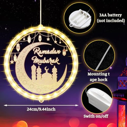 ROCEEI 3D 9.45" Ramadan Mubarak LED Window Lights Moon and Star Hanging Ornament with Suction Cup Ramadan Lights Decorations Indoor Outdoor Battery Operated for Bedroom Holiday Party