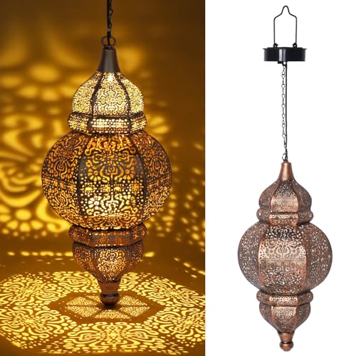 Hanging Solar Lights, Outdoor Decor Solar Lantern, Waterproof Metal Moroccan Lantern for Outside Patio Pathway Yard Front Porch Backyard Garden Decorative (1 Pack)