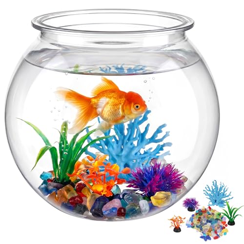 1 Gallon Clear Plastic Fish Bowl Kit with Coral, Artificial Plants & Stones | for Betta Fish, for Desk Decor, Vases and Party Displays