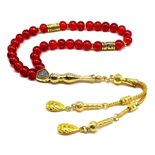 -Prestige Series -2- (33 Beads) Worry Beads-Prayer Beads-Tesbih-Tasbih-Tasbeeh-Misbaha-Masbaha-Subha-Rosary (Round Crackle Red Glass -8 mm 33- Beads & Gold Tassel) - color: Round Crackle Red Glass -8 mm 33- Beads & Gold Tassel