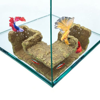 Aquarium Underground Corner Cave, Rock-Texture Fish Tank Viewing Tunnel Hideout for Betta, Shrimp, Corydoras & Kuhli Loach, Small Aquarium Decor Cave for Bottom-Dwelling Fish