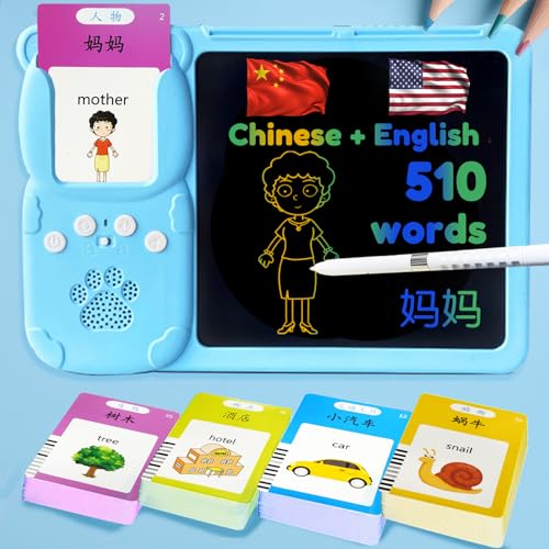 Writing Tablet with Bilingual Flash Cards for Kids, Chinese Blue - color: Chinese, size: Blue