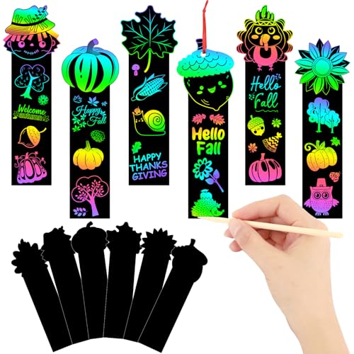 JUNEBRUSHS 30Pcs Fall Scratch Bookmarks, Rainbow Magic Scratch Paper Art Hello Fall Autumn Leaves Pumpkin Turkey DIY Crafts Kit for School Classroom Activity Thanksgiving Party Favor - style: Fall Style