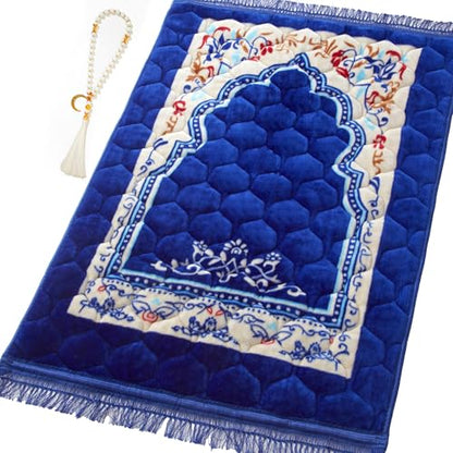 Muslim Prayer Rug with Tasbih Prayer Beads, Soft Large Prayer Matt Islam, Padded Islamic Prayer Mat Thick for Men and Women, Janamaz, Sajadah (31.5" x 47.2", Royal Blue) - color: Royal Blue