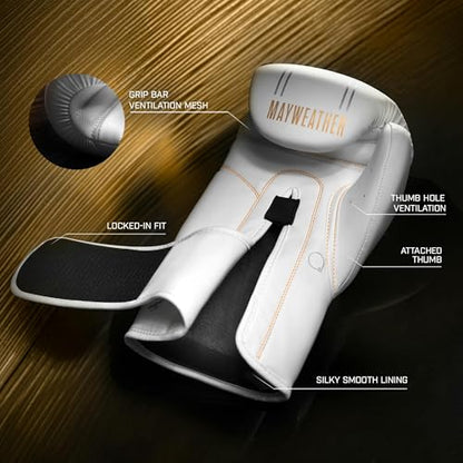 Hayabusa Mayweather Contender Boxing Gloves for Men and Women - color: White/Gold, size: 14oz