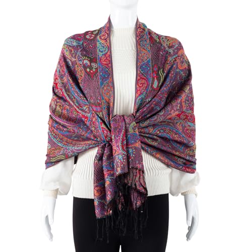 TUSHUSTY Pashmina Feel Shawls Wraps Rave Scarf for Women Soft Silky Reversible Men Scarves Hijab - color: Black Red Blue