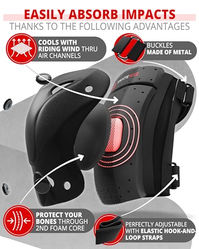 SKATEWIZ Knee and Elbow Pads Adult - Skating Protective Gear - PROTECT-1 - Size L Black - Wrist Guards Skating Pads, Skateboard, Roller Skate, Ice Skates For Women - color: Black, size: L - Teens and Adults