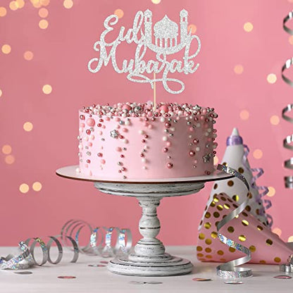 1 Pack Eid Mubarak Cake Topper Silver Glitter Moon Star Hajj Mubarak Eid Cake Picks Islamic Muslim Eid Mubarak Festival Ramadam Kareem Party Cake Decorations Supplies - color: Silver-4