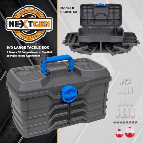 Flambeau Outdoors 660NGAK Next Gen 6/0 Large Fishing Tackle Box - 6 Pivot Trays, 32 Compartments, Includes 25-piece Tackle Kit, Fishing Tackle and Gear Storage, Fishing Lure Organizer, Dark Gray