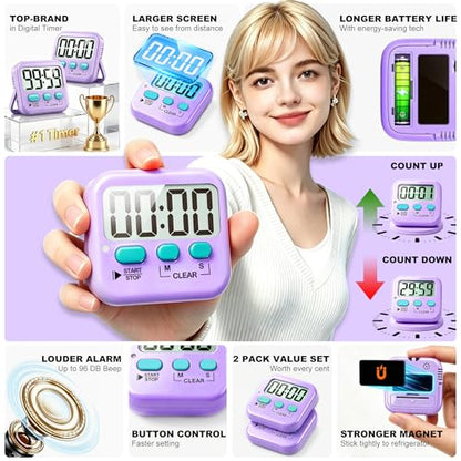 2 Pack Digital Timer for Kids Classroom Kitchen Timers for Cooking | w/ Battery, Easy to View, Alarm, Mute Mode, Count Down/Up, Magnetic, Kickstand, Hanging, Classroom Timer for Teacher Supplies - color: Fresh Purple