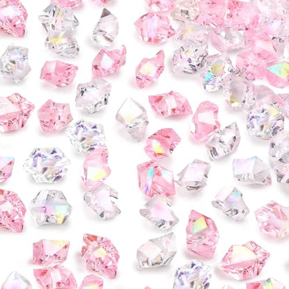 DOMESTAR 150 PCS Iridescent Fake Ice Rocks, Pink and Clear Acrylic Crystals | Plastic Gems for Vases Fillers, Table Scatter, Tables Centerpieces, Wedding Centerpieces, Fish Tank Craft Supplies - color: Dazzling Pink