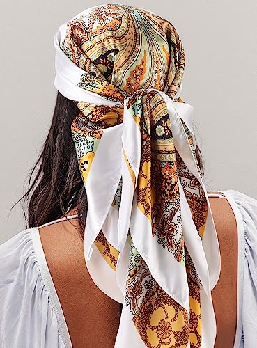 DRESHOW 35” Large Square Satin Head Scarf - 4Pcs Silk Accessories Classic Patterned Squares Beach Bandanas for Women - color: 4 Pcs: White, Beige, Ginger, Black