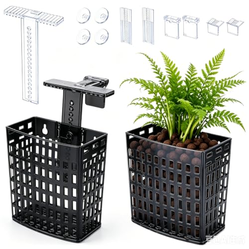 2 Pack Upgraded Aquarium Plant Holder, Black Aquaponic Plant Holder | Adjustable Height Fish Tank Planter with Suction Cups & Extendable Hooks,Aquascape Decoration - color: black