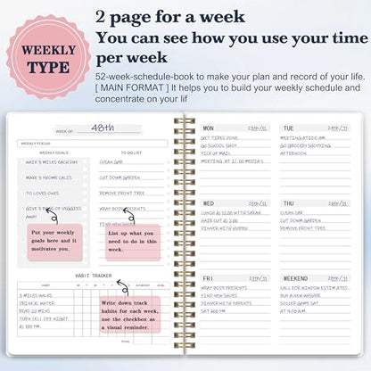 Undated Weekly Planner with To-Do List & Habit Tracker, 5.7" x 8" | 52 Weeks, 2-Page Weekly Spreads, Spacious Writing Space, No-Bleed Paper, Smooth Writing, Waterproof PVC Cover, Spiral Bound - color: White-01