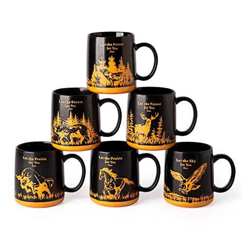 AmorArc 18oz Large Coffee Mugs Set of 6, Ceramic Coffee Mugs with Animal Wildlife Textured Patterns for Tea Latte Cocoa. Easy to Hold&Clean, Dishwasher&Microwave Safe, Matt Black - color: Matte Black