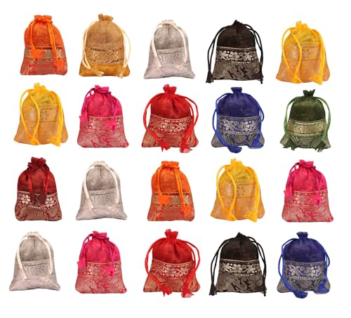 Touchstone Drawstring Bags Traditional Indian Handcrafted Fabric Perfect for Gifts Jewelry Weddings Pouches Purses Potli - color: -코끼리_멀티컬러 (20개 팩), size: 3x3 inches