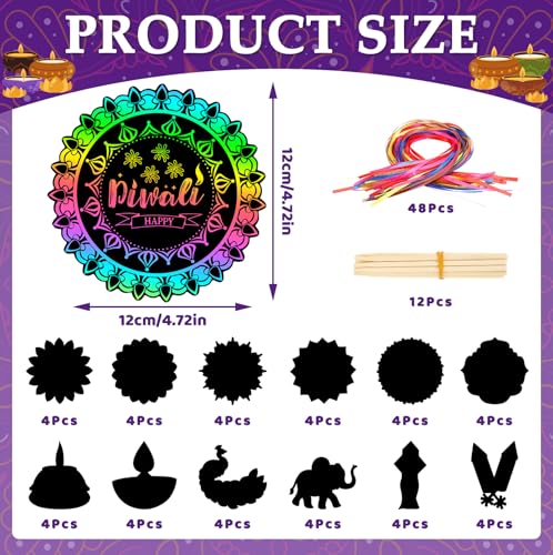 FEBSNOW 48 PCS Diwali Crafts for Kids, Magic Rainbow Scratch Art Paper Cards for Kids Diwali Gifts School Classroom Activities Happy Diwali Festival of Lights Party Favors Hanging Ornaments - style: Diwali