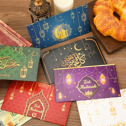 JULMELON 24 Pcs Eid Mubarak Envelopes Eid Gifts Cards Holders 6 Styles Ramadan Pocket Envelope for Money Islamic Muslim Ramadan Mubarak Cards for Kids Gifts(6.5 x 3.5 in)