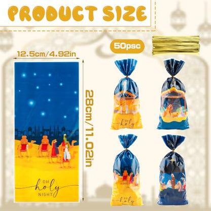 LERCTH Eid Mubarak Cellophane Treat Bags, 4 Designs Holy Night Plastic Candy Bags with Twist Ties for Religious Holiday Celebrations Party Favors - color: Holy Night Bags 50 packs