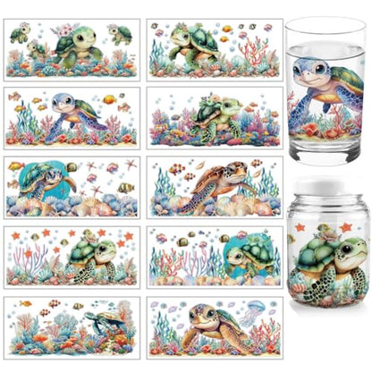 arricraft 10 Sheets UV DTF Cup Wraps for 16 OZ Glass Cups, 10 Styles Cartoon Sea Turtle Fish Seaweed Rub on Transfers PVC Transfer Stickers Waterproof Rub Decals for DIY Your Holiday Presents - style: Sea Turtle