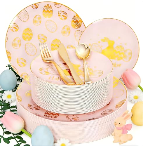 Liacere 150Pcs Easter Plates with Gold Bunny - Pink Plastic Dinnerware Includes 30 Egg and Rabbit 30 Dessert Plates, 30 Forks, 30 Spoons,30 Knives for Easter Party - color: Easter Pink, size: Baroque Style