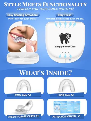 Mouth Guard with Mirror Storage Case, 4 Pack 2 Sizes for Women & Men