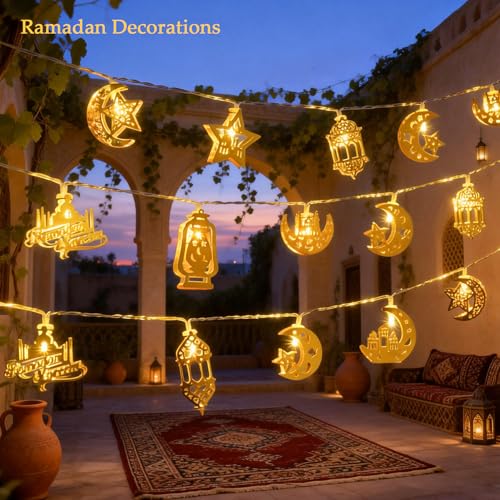 Ramadan Decorations String Lights, Metal Moon Star Battery Operated 10ft 20 LED Ramadan Lights with Remote, Timer & 8 Lighting Modes, Islamic Decor for Home Wall Fireplace Eid Mubarak Party - style: Ramadan Decorations
