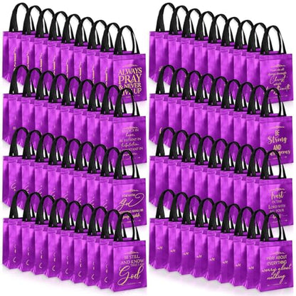 Aliceset 64 Pcs Christian Gift Bags Bulk with Handles for Church Favors Reusable Medium Bible Verse Religious Gift Bags Non Woven Welcome Totes for Baptism Vacation Bible School Gifts (Dark Purple) - color: purple, black
