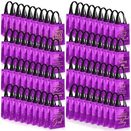 Aliceset 64 Pcs Christian Gift Bags Bulk with Handles for Church Favors Reusable Medium Bible Verse Religious Gift Bags Non Woven Welcome Totes for Baptism Vacation Bible School Gifts (Dark Purple) - color: purple, black