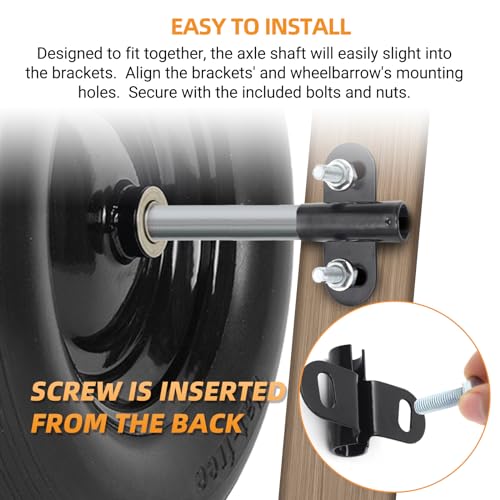 AR-PRO (1-Set) Heavy-Duty Wheelbarrow Axle Bracket Set - 10" x 0.63" Wheelbarrow Axle Shaft and 2.1" x 3.3" Brackets - Compatible with 5/8" Hole Wheelbarrow Axles - Includes Bolts Nuts, Nylon Spacers - size: 10 x 0.63" Axle+Brackets+Spacers