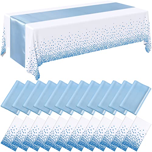 Breling 24 Packs Baby Blue and White Disposable Plastic Tablecloths and Satin Table Runner Set, 54 x 108 Inch Tablecloth, 12 x 108 Inch Table Runners for Wedding Graduation Birthday Baby Shower - color: Baby Blue and White