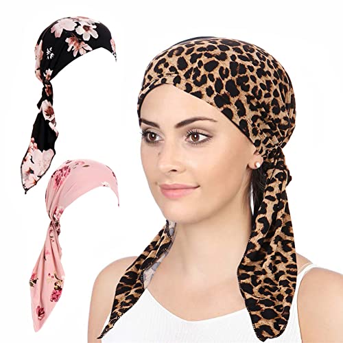 3 Packed Women's Pre Tied Head Scarves Slip On Chemo Beanies Hair Cover Headwrap Caps - color: B1-leopard Floral-3packed