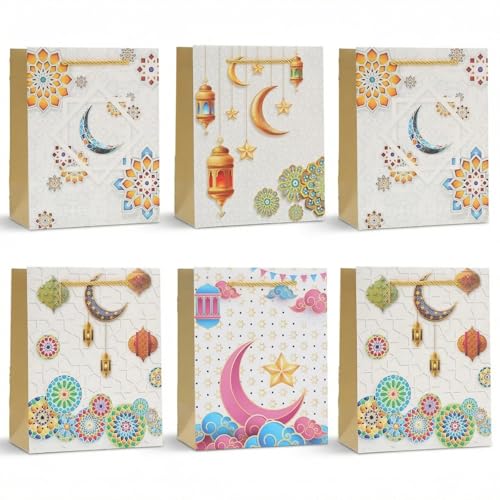 YVAINE 12pcs Ramadan Mubarak Gift Bags with Handles - Reusable Kraft Paper Treat Bags 8.3x5.9x3.1 Inches, 4 Assorted Islamic Designs with Stars, Moon, Mosque & Lanterns for Eid Mubarak Party Supplies, Gift