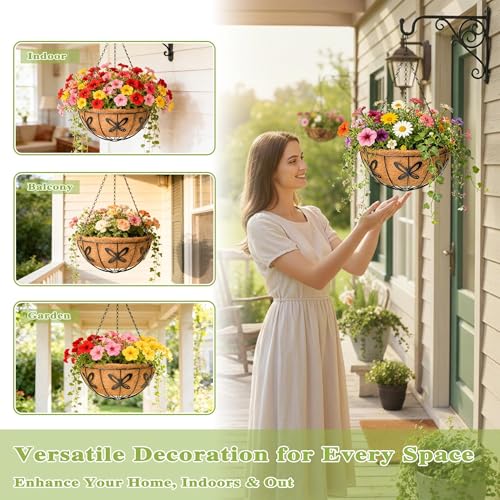 4 Pack 14 Inch Hanging Baskets for Plants Outdoor Metal Hanging Planter Hanging Flower Baskets with Coco Fiber Liners Chain Round Wire Plant Holder Hanging Flower Pots(Butterfly) - size: 14 Inch, style: Butterfly