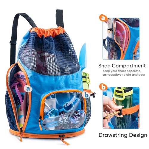 Mesh Drawstring Backpack with Shoe Compartment, Sandproof Beach Swim Bag with Wet Pocket, Pool Gym Shower Bag for Travel Summer Camp - color: Blue - Orange, style: Style a