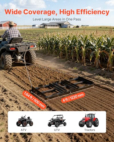 VEVOR Drag Harrow, 48 x 20 in, Tow-Behind Driveway Grader with Adjustable Width & 50lbs Load Capacity, Heavy Duty Lawn Leveling Rake, Galvanized Steel Gravel Driveway Drag, Fits ATVs UTVs Tractors - size: 4 FT- Black