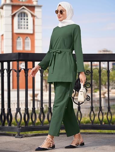2 Piece Abaya for Women Muslim Long Sleeve Loose Top Pants Set Casual Eid Ramadan Outfits Dubai Islamic Muslim Clothes - color: Dark Green, size: Large