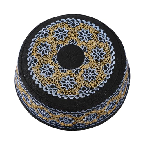 Muslim Prayer Kufi Hat Men Islam Skull Embroidery Cap Beanie Hat Arabian Omani Turkish Prayer Headwear Eid Gift - color: Blue Flower