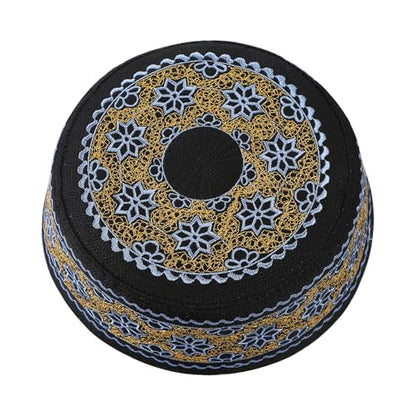Muslim Prayer Kufi Hat Men Islam Skull Embroidery Cap Beanie Hat Arabian Omani Turkish Prayer Headwear Eid Gift - color: Blue Flower