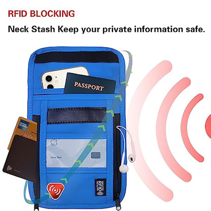 Travel Neck Wallet with RFID Blocking – Passport Holder Organizer Neck Pouch – Portable Easy to Conceal Travel Pouch (PVC Blue) - color: PVC Blue