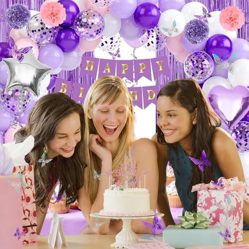 Purple birthday party decorations balloons kit for Women Girls, Balloons,Silver Foil Balloons,Fringe Curtains Happy Birthday Banner Paper Pompoms 3D Butterfly Cake Topper Party Supplies - style: Purple