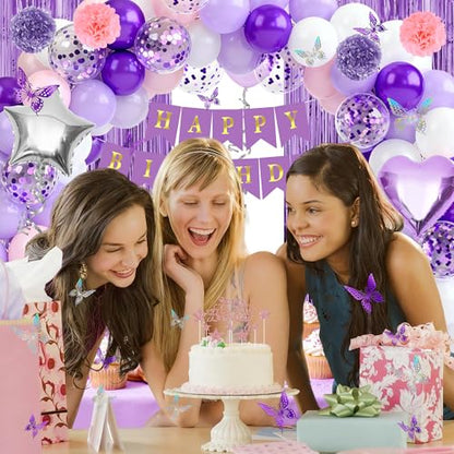 Purple birthday party decorations balloons kit for Women Girls, Balloons,Silver Foil Balloons,Fringe Curtains Happy Birthday Banner Paper Pompoms 3D Butterfly Cake Topper Party Supplies - style: Purple