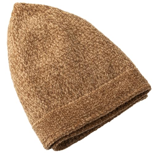 Modefa Islamic Prayer Kufi Hats for Men Chenille Knitted Stretchable Muslim Cap One-Size Fit - color: Camel Brown