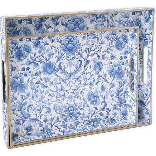 Serving Tray with Handles, 2 Pack Rectangular Plastic Tray 15.75x11.81 Inch, Blue and White Peony Chinese Porcelain Style Decorative Tray for Kitchen, Dining Table, Vanity, Office & Home - color: Blue and White Peony 2 Pcs