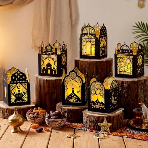 Retisee 24 Pcs Ramadan Eid DIY Lantern Craft Kit, Paper Lanterns with 1000 Gold Yellow Tissue Paper & Double-Sided Tape, Islamic Moon Star Motif Decor for Home Table Mosque Party Art Project - style: Ramadan