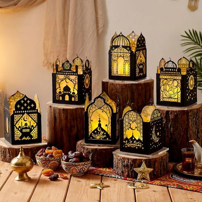 Retisee 24 Pcs Ramadan Eid DIY Lantern Craft Kit, Paper Lanterns with 1000 Gold Yellow Tissue Paper & Double-Sided Tape, Islamic Moon Star Motif Decor for Home Table Mosque Party Art Project - style: Ramadan